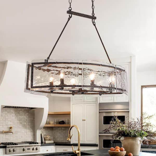 Chloe 6-Light Dark Rusty Linear Chandelier with Clear Water Glass for Kitchen Island