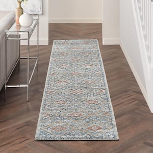Concerto Blue/Ivory 2 ft. x 10 ft. Bordered Contemporary Kitchen Runner Area Rug