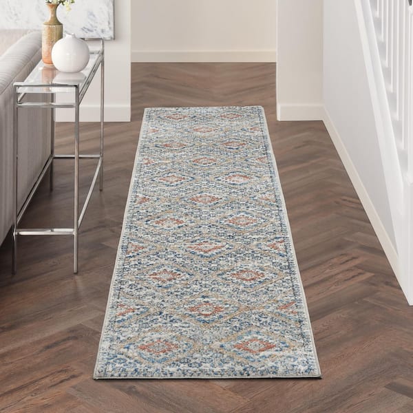Concerto Blue/Ivory 2 ft. x 10 ft. Bordered Contemporary Kitchen Runner Area Rug