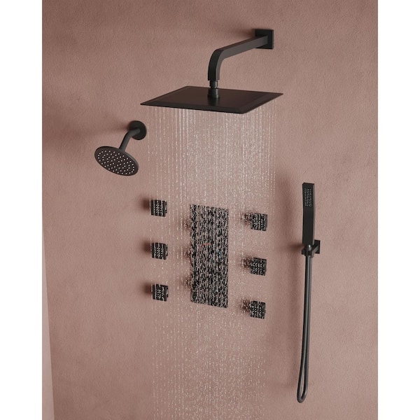 Thermostatic 8-Spray 12 and 6 in. Wall Mount Dual Shower Head Fixed and Handheld Shower Head in Matte Black, 2.5 GPM