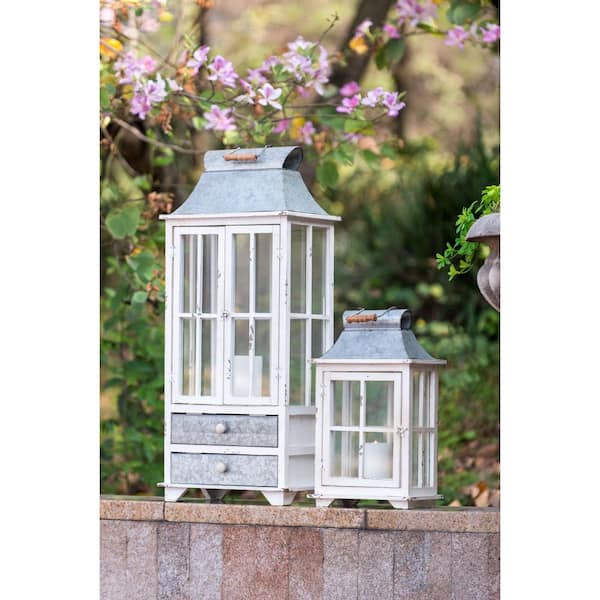 Ivory White Fir Wood Decorative Candle Lantern with 2 Lower Drawers, Hurricane Lantern Holder Decor for Indoor, Outdoor