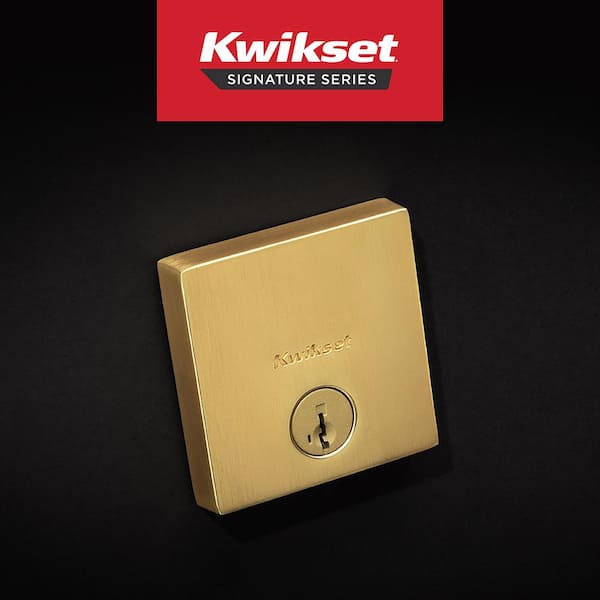 Downtown Low Profile Satin Brass Single Cylinder Square Contemporary Deadbolt Featuring SmartKey Security