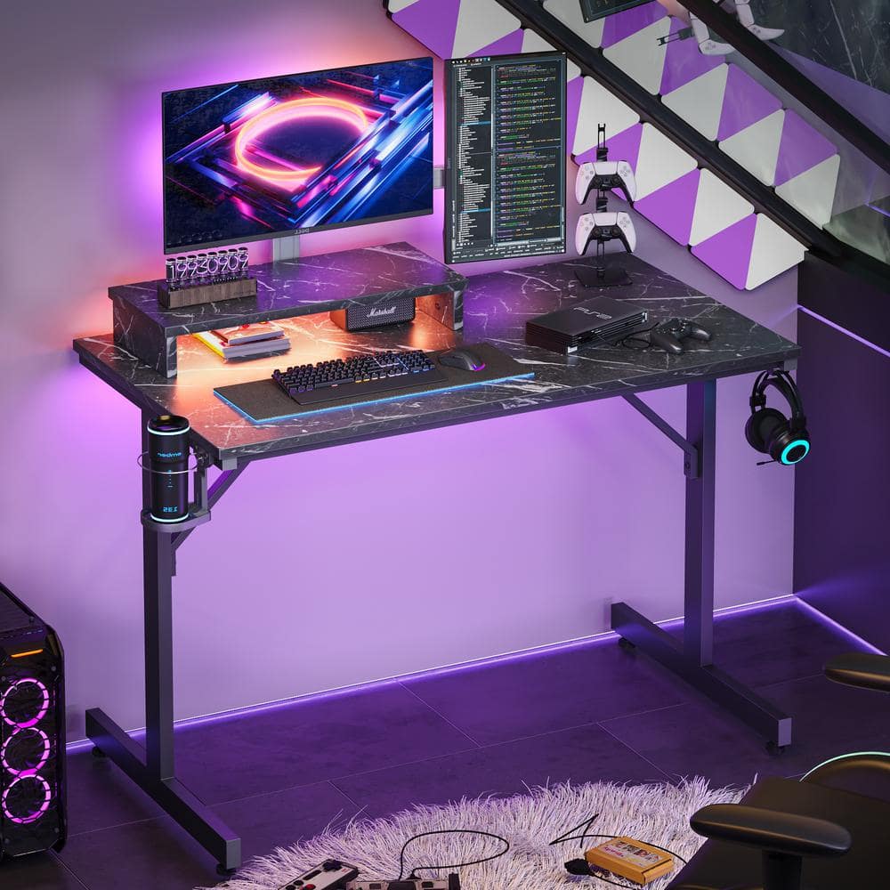 Bestier 42 in. Black Marble LED Gaming Desk with Monitor Stand and Cup ...