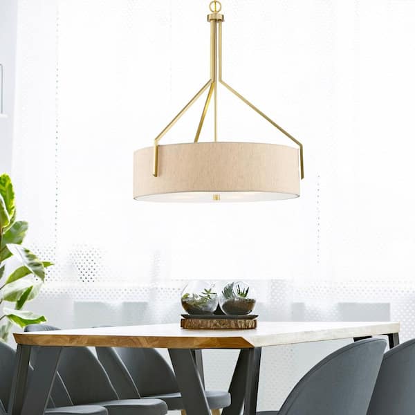 Elara 60-Watt 4-Light Brushed Gold Modern Pendant Light with Beige Linen Shade and No Bulbs Included