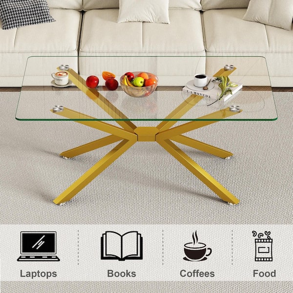 Modern Living Room Center 39 in. Gold/Clear Rectangle Tempered Glass Coffee Table with Gold Metal Legs