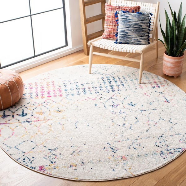 Tulum 10 ft. x 10 ft. Round Ivory/Blue Diamond Tribal Area Rug