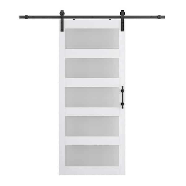 SOCBAZZAR 44 in. x 84 in. 5-Panel Frosted Glass White Prefinished MDF Interior Sliding Barn Door with Hardware Kit