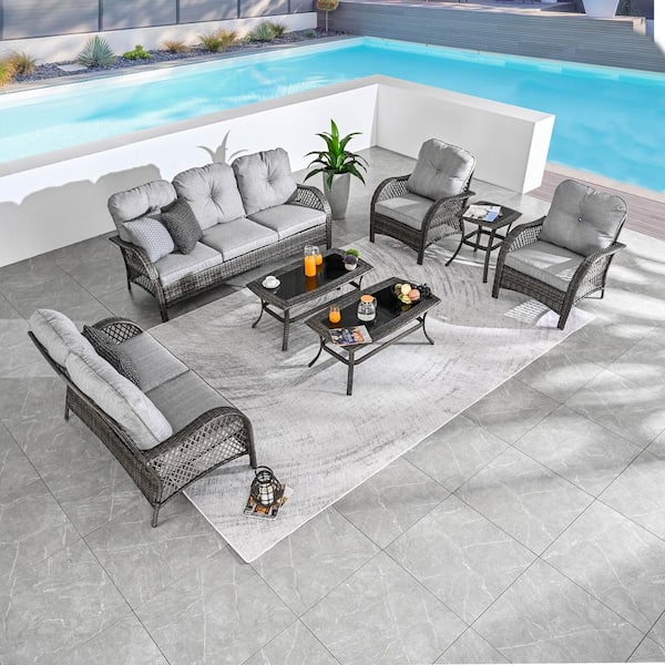 Patio Festival 7-Piece Wicker Patio Conversation Set with Gray Cushions