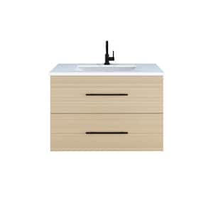 Napa 36" W x 22" D x 21-3/8" H Single Sink Bathroom Vanity Wall Mounted in Sand Pine with White Quartz Countertop