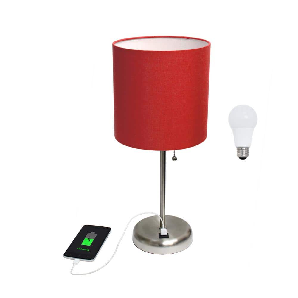 Simple Designs 19.5 in. Red Table Desk Lamp for Living Room with USB Charging Port and LED Bulb Included