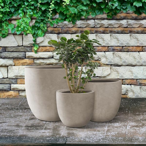 KANTE 18", 14" and 10"W Weathered Concrete of 3, Outdoor Indoor Modern Planter Pots w/ Drainage Hole RC0050ABC-C80021-2 - Home Depot