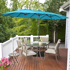 15 ft. Double-Sided Twin Metal Market Patio Umbrella with Crank and Base in Turquoise