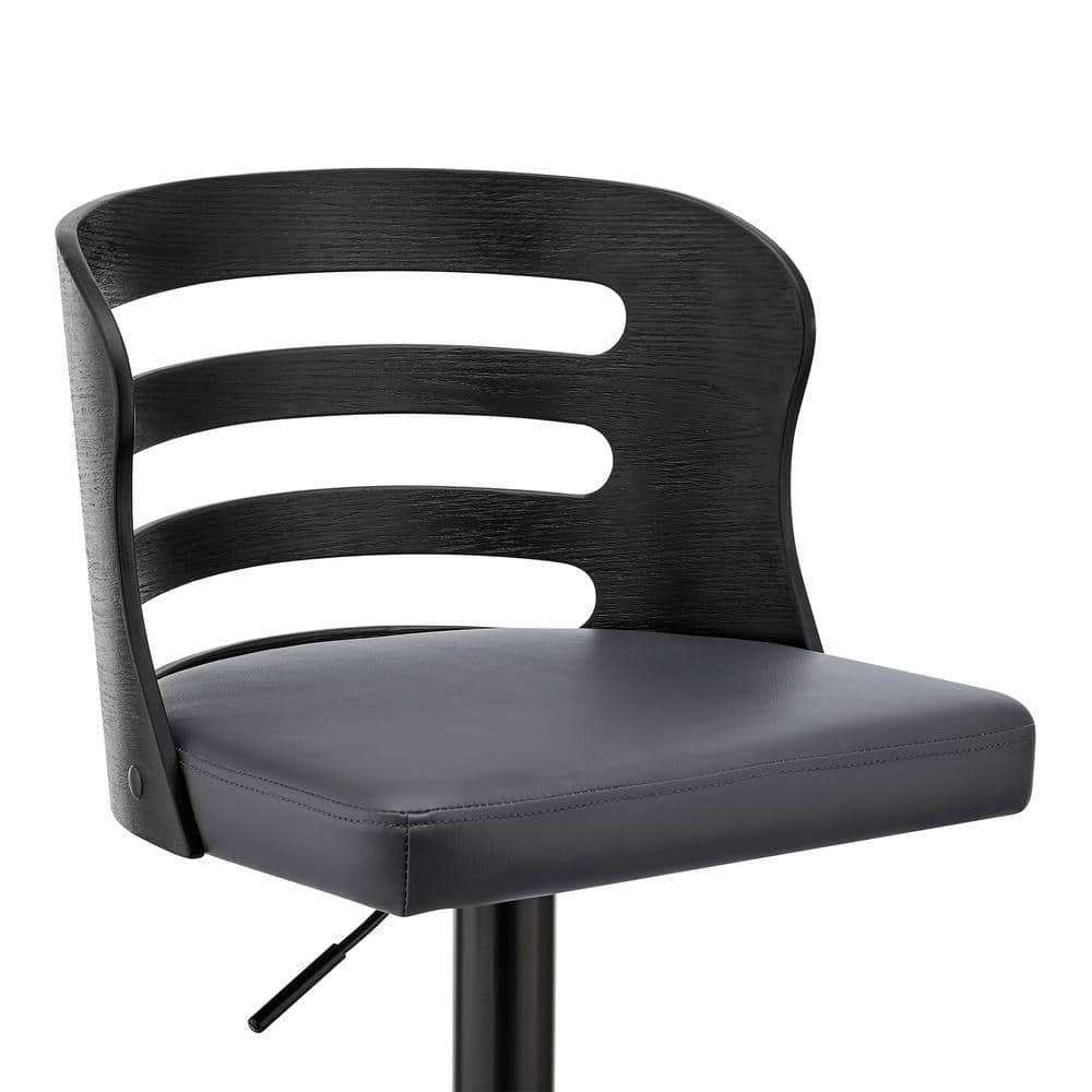 Adjustable Gray Faux Leather and Black Wood Swivel Bar Stool