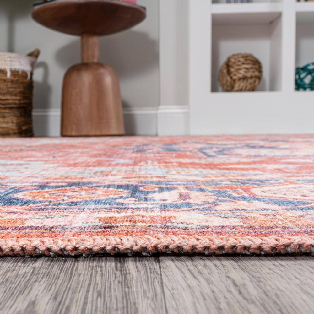 Maris Blue and Orange Medallion Washable Area Rug