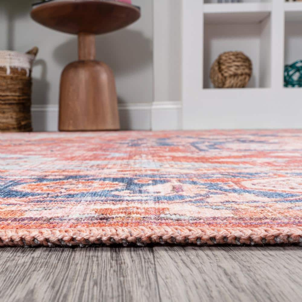 Maris Blue and Orange Medallion Washable Area Rug