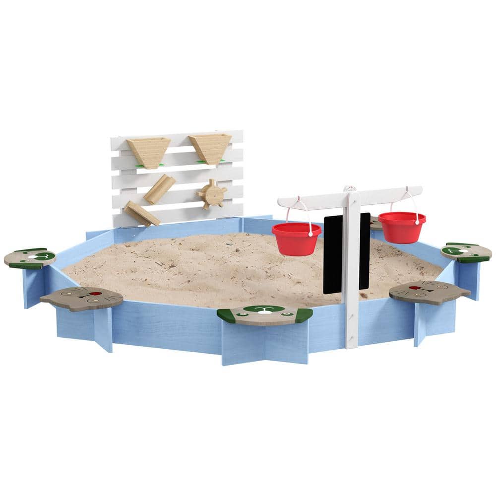 7 ft. W x 7 ft. L Blue Wood Sandbox, Outdoor Playset for 3-7 Years with 6 A