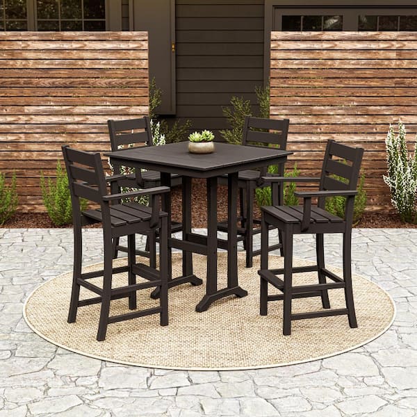 POLYWOOD Grant Park Black 5-Piece HDPE Plastic Arm Chair Farmhouse Trestle Bar Set