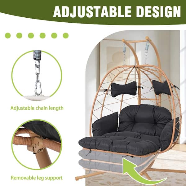 2-Person Hanging Egg Chair with Black Cushion, Double Wicker Swing