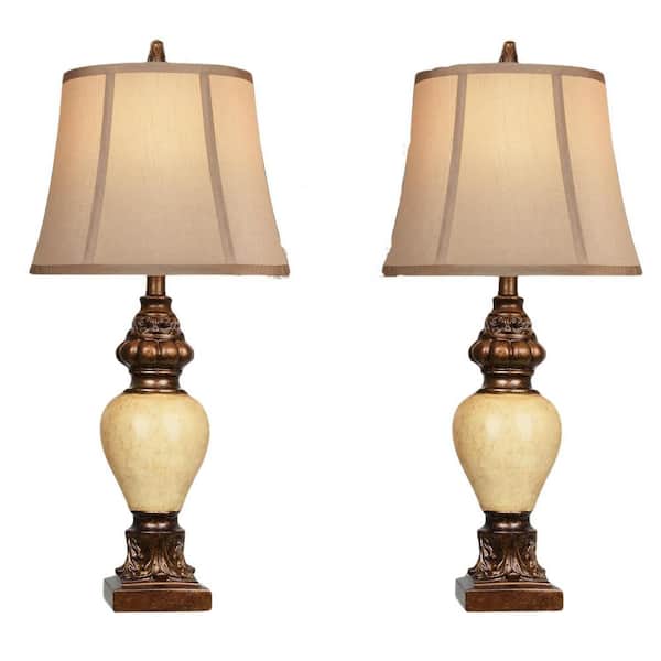 Unbranded 2-Pack 28 in. H Brown Table Lamp with Faux Silk Bell Shades and 2 LED bulbs Vintage Bronze Bedside Lamps Nightstand Lamp
