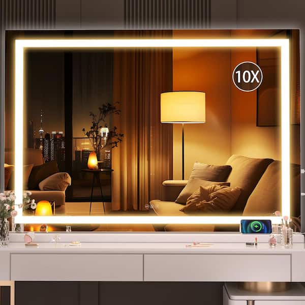 Vosuja 47 in. W x 30 in. H Rectangle White LED Makeup Mirror Vanity Mirror with Dimmable 3 Modes, 10X Magnification