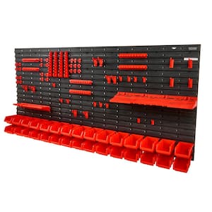 30-Bin Parts Rack Organizer Garage Shop Tool w/Wall Panels/Tool Holders/Hooks Wall Mounted Storage Bins Black and Red