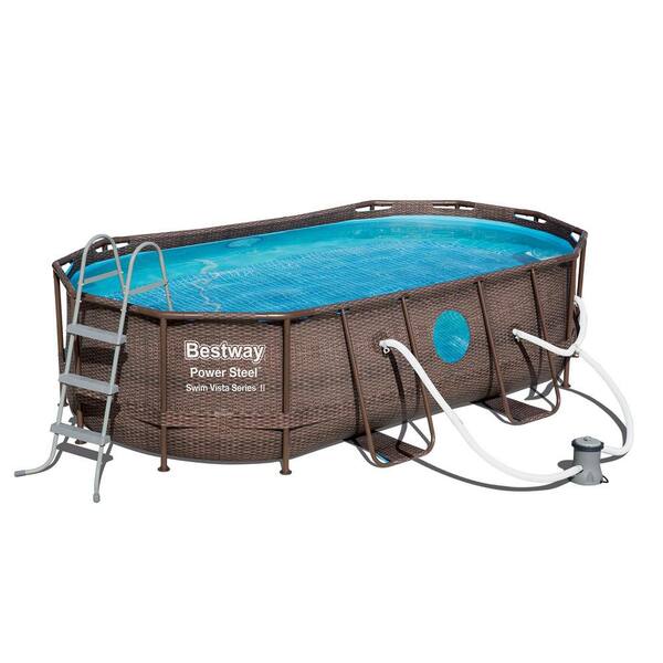 Bestway 14 Ft X 8 Ft Rectangle 39 6 In D Power Swim Vista Inflatable Pool With Pump And Aquacrawl Vacuum 56715e Bw 58212e Bw The Home Depot