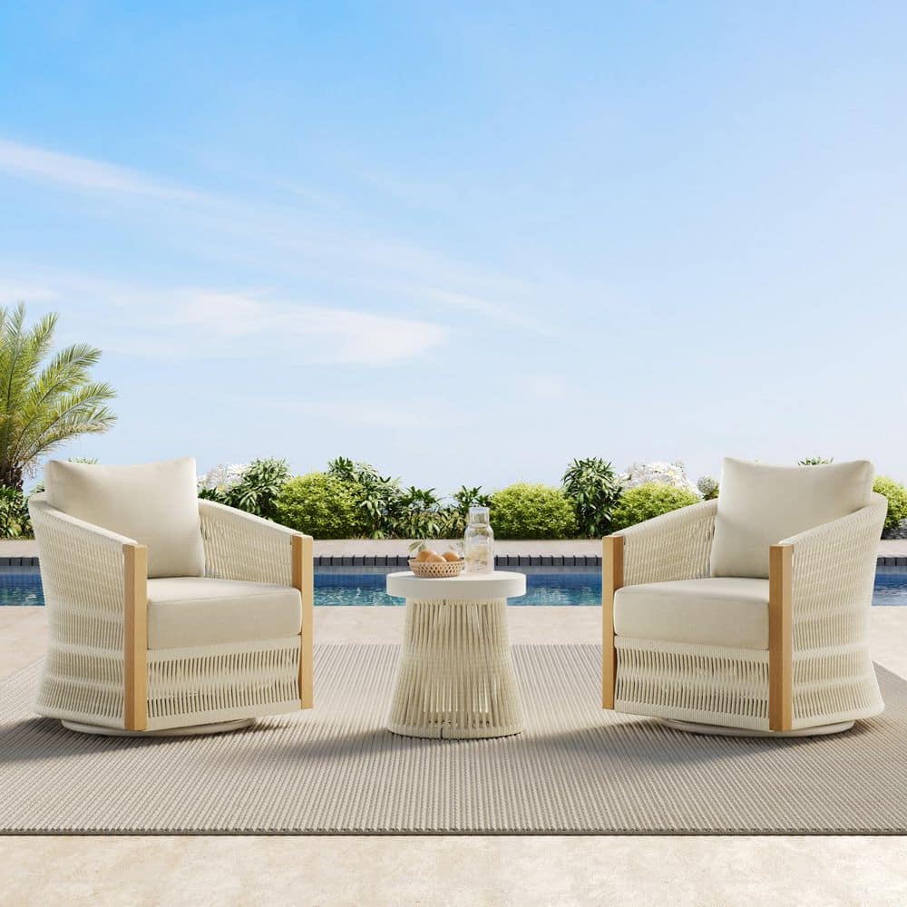 Eleanor White Fabric Woven Swivel Arm Chair and Side Table Set for Ourdoor and Indoor,Fully Assembled,Weather Resistant