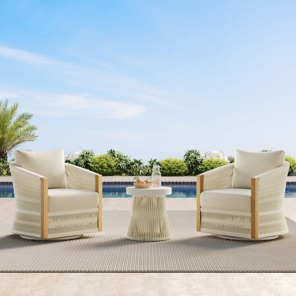 Eleanor White Fabric Woven Swivel Arm Chair and Side Table Set for Ourdoor and Indoor,Fully Assembled,Weather Resistant