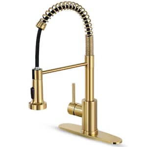 Single Handle Kitchen Faucet Pull Down Sprayer Kitchen Faucet with Deck Plate in Brushed Gold