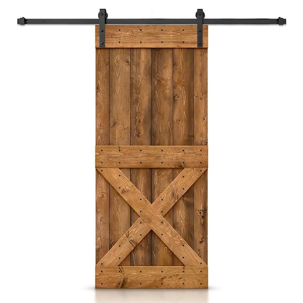 CALHOME Mini X Series 36 in. x 84 in. Pre-Assembled Walnut Stained Wood Interior Sliding Barn Door with Hardware Kit