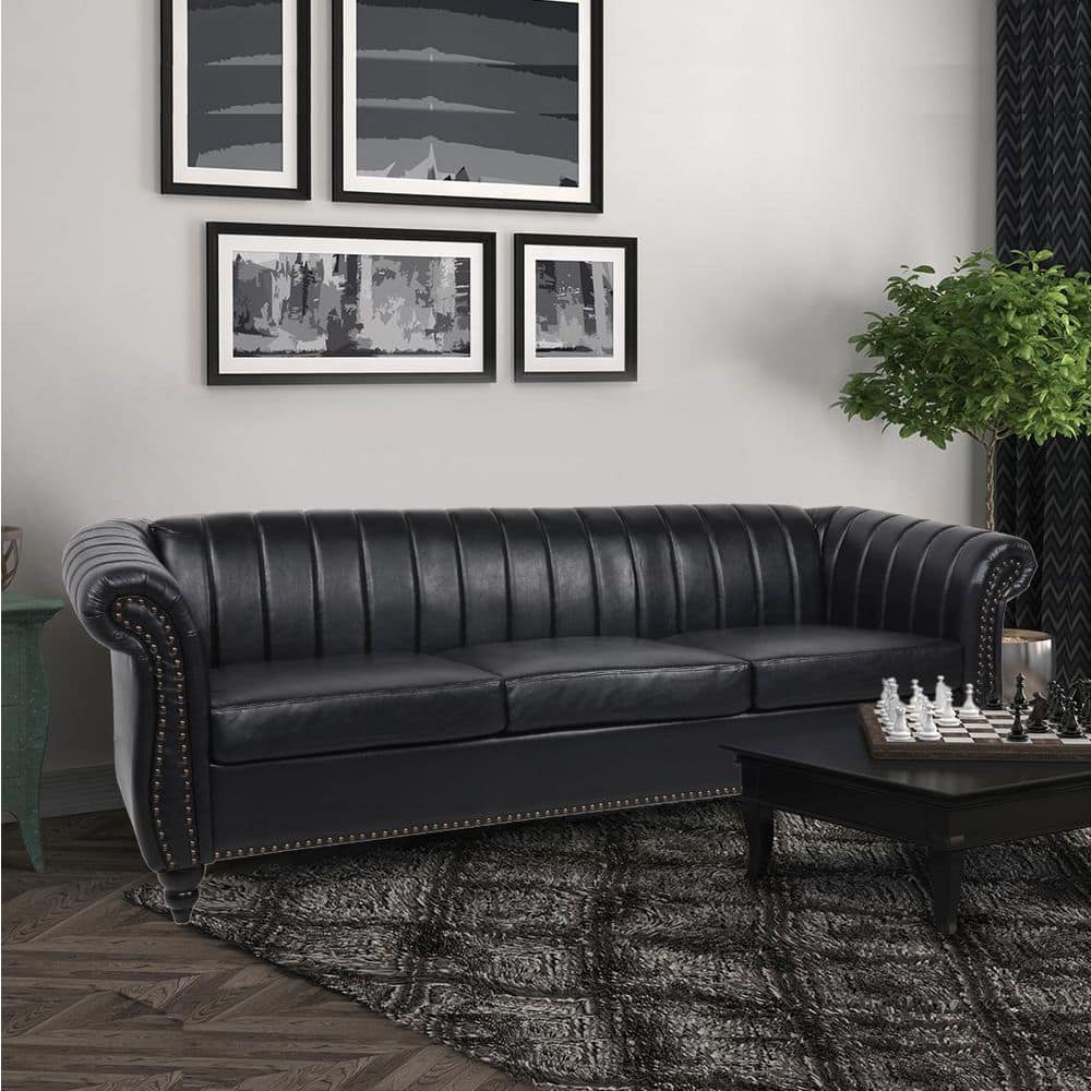 Westsky Modern 83.64 in. W Classic Design Rolled Arm PU Leather Straight Sofa Chesterfield 3 Seaters Sofa For Home in Black -  W68031442-BK