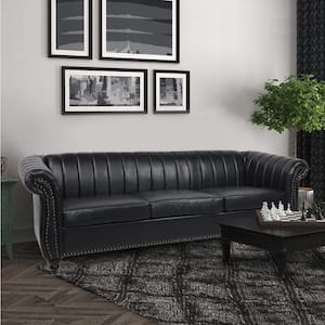 Modern 83.64 in. W Classic Design Rolled Arm PU Leather Straight Sofa Chesterfield 3 Seaters Sofa For Home in Black