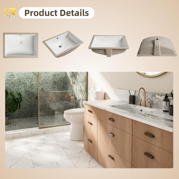 22 in. White Bathroom Undermount Sink with Overflow, Durable Vitreous China Rectangular Under Counter Lavatory Basin