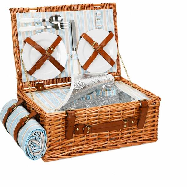Classical Brown Wicker Picnic Basket Set for 4, Large Willow Hamper with Insulated Cooler Compartment and Waterproof