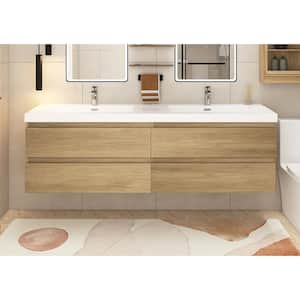 70.9 in. W x 19.7 in. D x 22.5 in. H Wall Mounted Bath Vanity in Oak with Double White Culture Marble Top