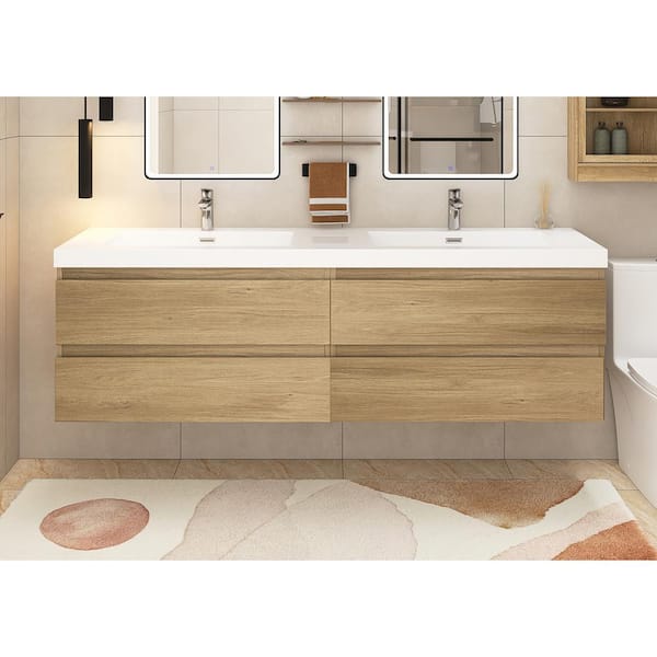 Staykiwi 70.9 in. W x 19.7 in. D x 22.5 in. H Wall Mounted Bath Vanity in Oak with Double White Culture Marble Top
