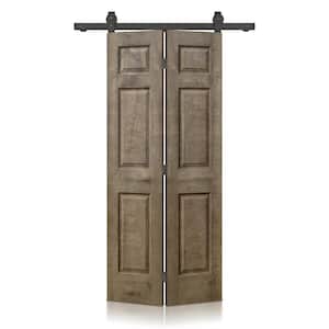 24 in. x 80 in. Vintage Brown Stain 6 Panel MDF Composite Hollow Core Bi-Fold Barn Door with Sliding Hardware Kit