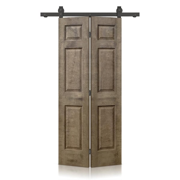 CALHOME 36 in. x 80 in. Vintage Brown Stain 6 Panel MDF Composite Hollow Core Bi-Fold Barn Door with Sliding Hardware Kit