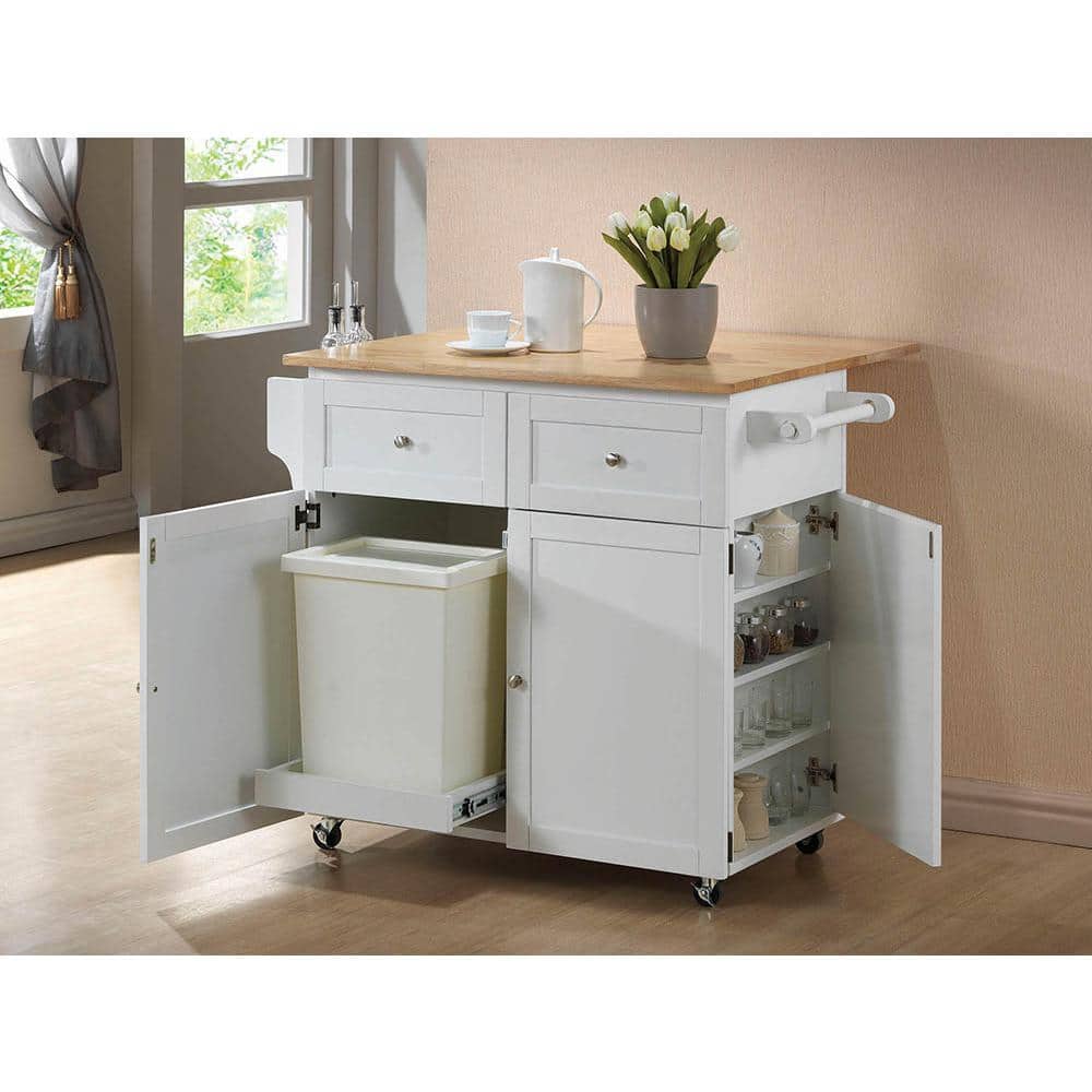 Brown and White Rectangular Drop Leaf Kitchen Cart with Butcher Block
