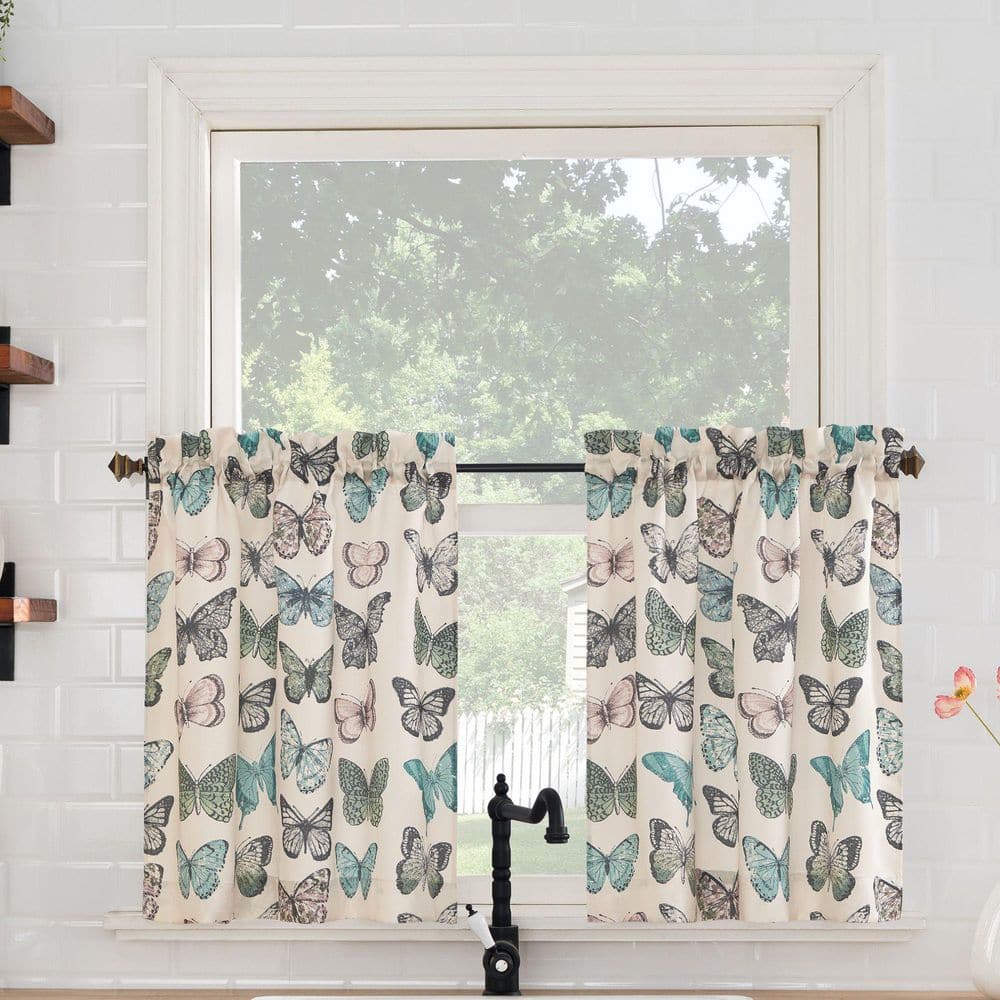 Blue Butterfly Print Sheer Polyester Kitchen Curtain Tier Pair