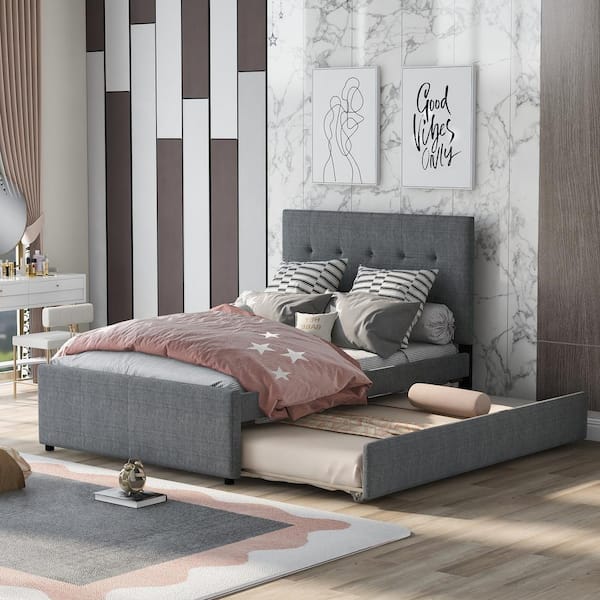 Angel Sar Angel Gray Full Size Linen Upholstered Platform Bed With Headboard and Trundle
