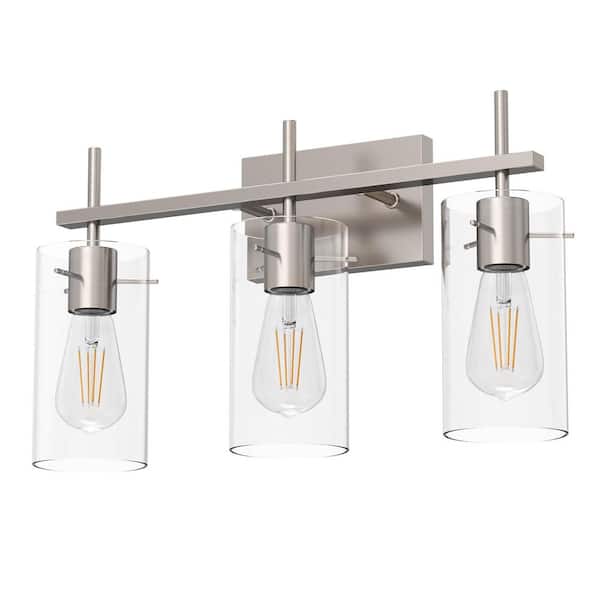 20 in. 3-Light Brushed Nickel Bathroom LED Vanity Light with Clear Glass Shades for Bathroom, Vanity, or Mirror