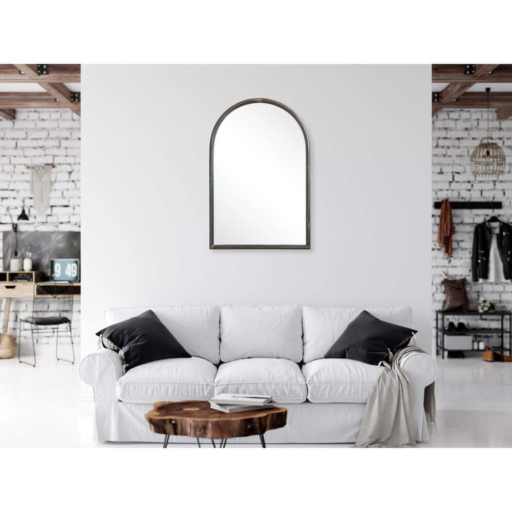 36" x 24" Arched Distressed Black Metal Wall Mirror