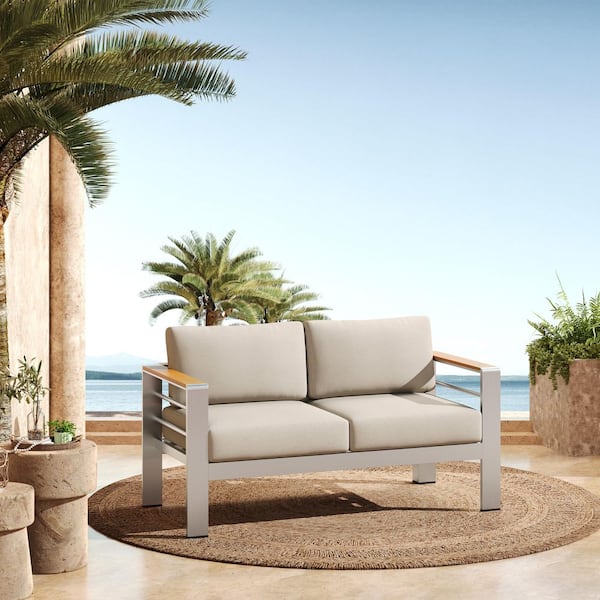 CHRISTOPHER KNIGHT HOME Solvayne Silver Aluminum Outdoor Patio Loveseat with Beige Cushions