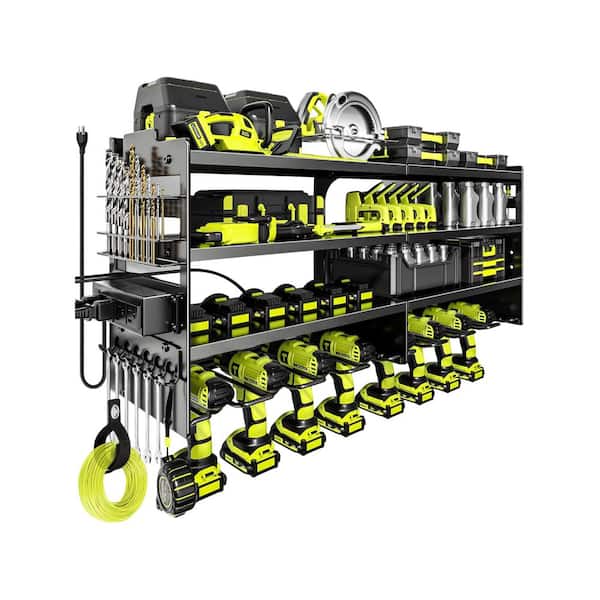 33 in. Black Power Tool Organizer Wall Rack with 4-Tiers, 8-Drill Slots, 4-Outlet Strip, Hook Rack and Storage Shelves