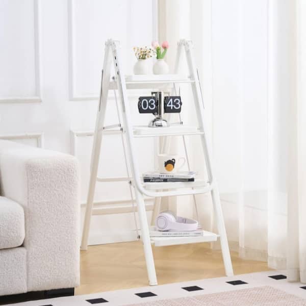 4-Step Folding Iron Step Stool with Drying Rack, 9 ft. Reach, 300 lb. Load Capacity, ANSI Type IA