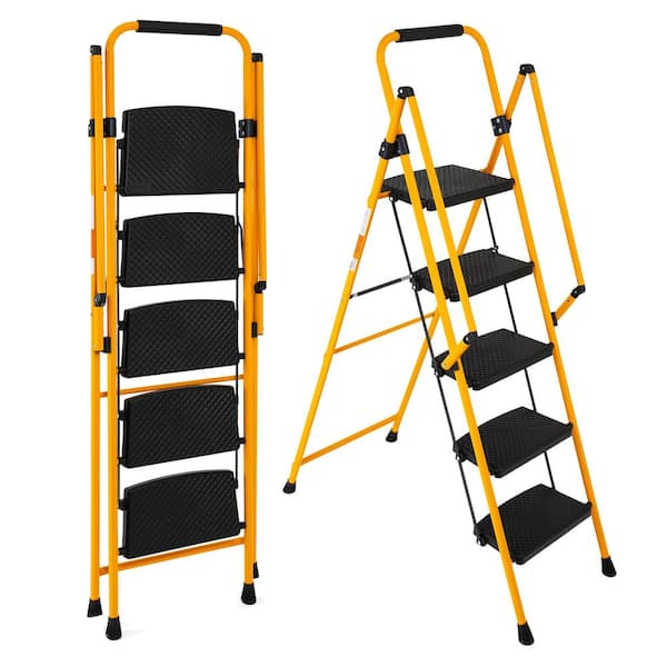 Yellow Portable Reach 6 ft. Steel Step Ladder,5-Step Folding Step Stool,550 lb. Capacity w/ Handrail and Anti-Slip Feet