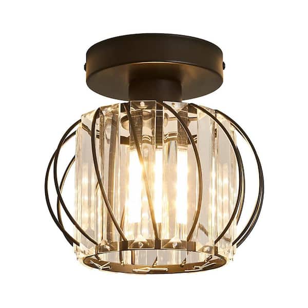 YANSUN 7.09 in. 1-Light Black Semi Flush Mount, Modern Ceiling Light with Clear Crystal Cage Shade
