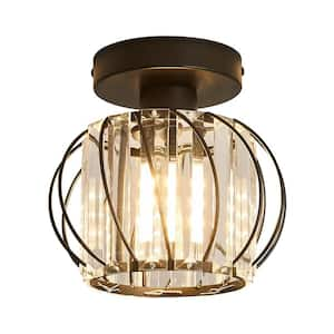 7 in. 1-Light Black Modern Ceiling Light Fixture with Clear Crystal Cage Shade, Semi Flush Mount