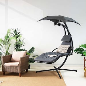 6.7 ft. Hanging Chaise Lounge Curved Steel Patio Hammock Swing Chair with Overhead Light Gray